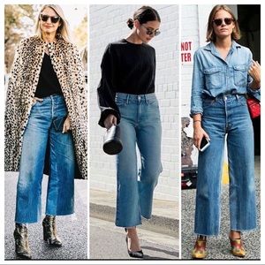 Wide Leg Raw Hem High Waist Cropped Jeans